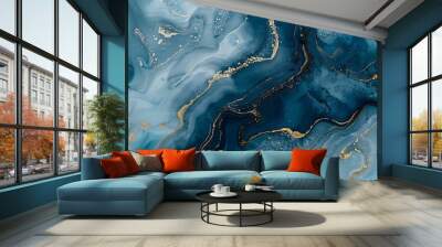 Radiant marble ink abstract art in blue and gold, smooth transitions, simple and elegant on high-quality textured paper Wall mural