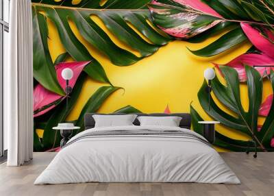 Tropical leaves with fluorescent pink and green, flat lay design, colorful and simple, Wall mural