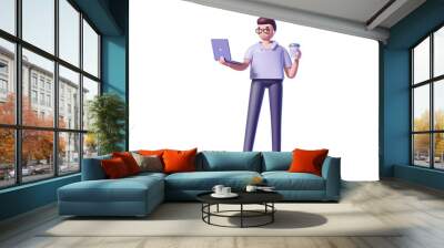 Illustration of 3d busines man in glasses with a laptop and coffee cup Wall mural