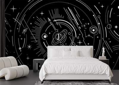 Vector abstract space illustration with star, planet and white color line Wall mural