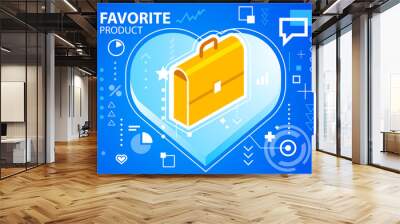 Vector bright illustration heart and work suitcase on blue backg Wall mural