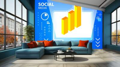 Vector bright illustration speech bubble and bar chart on blue b Wall mural