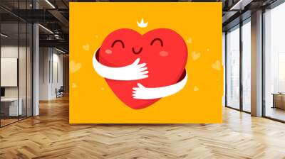 Vector cartoon cute happy heart character with smile and hands hugging self Wall mural