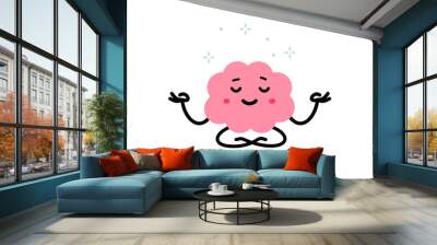 Vector cartoon meditation illustration of cute calm brain character in lotus yoga pose on white color background. Flat doodle style design of smile relax brain Wall mural