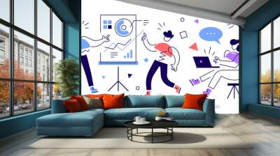 Vector creative business illustration of geometric woman with laptop and man near flipchart board on white background. Communication of people at place work. Report of financial analytics. Wall mural