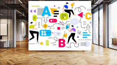 Vector creative business illustration of people with letter and abstract element on white background. Teamwork communication in business process. Wall mural