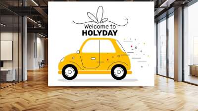 Vector creative holiday illustration of vintage yellow color car Wall mural