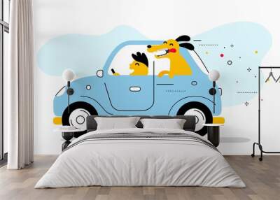 Vector creative illustration of blue color retro car with man dr Wall mural