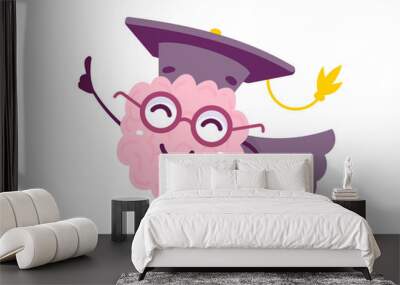 Vector Creative Illustration of Happy Pink Human Brain Character in Glasses, Graduate Cap and Gown on White Background. Flat Doodle Style Graduation Knowledge Concept Design of Happy Brain Wall mural