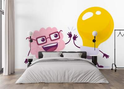 Vector Creative Illustration of Happy Pink Human Brain Character in Glasses and Yellow Light Bulb on White Background. Flat Style Knowledge Concept Design of Happy Brain and Save Energy Idea Wall mural