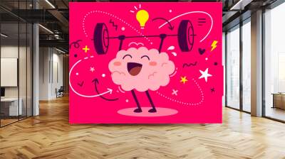 Vector creative illustration of strong happy pink human brain character with light bulb easy lifting barbell on red background. Wall mural