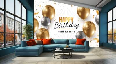 Vector happy birthday horizontal illustration with 3d realistic golden and silver air balloon on white background with text and glitter confetti. Wall mural