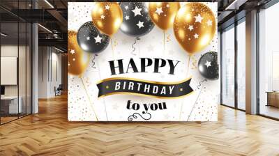 Vector happy birthday illustration with 3d realistic bunch of golden and black air balloon on white background with text and glitter confetti. Wall mural