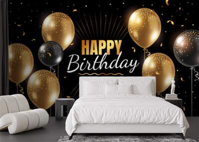 Vector happy birthday illustration with 3d realistic golden air balloon on black background with text and glitter confetti. Wall mural