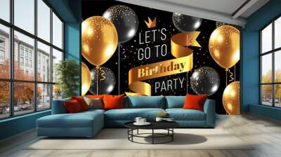 Vector holiday illustration with 3d realistic golden air balloon with text and glitter confetti on black background. Wall mural