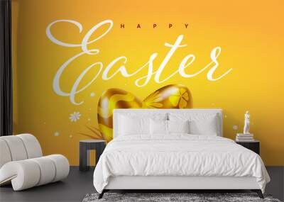 Vector holiday illustration with chocolate eggs and flower. Happy easter template design with decorative golden egg for greeting card, banner on color background Wall mural