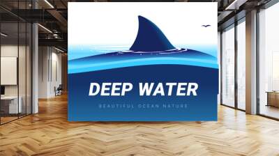 Vector illustration of fish shark swimming in the sea on blue water background with word. Flat style design of dangerous fish shark Wall mural