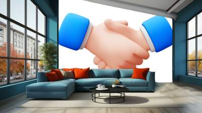 Vector illustration of gesture business man handshake in blue sleeve on white color background. 3d style design of man white skin hand shake agreement Wall mural