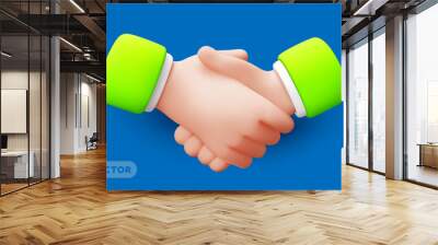 Vector illustration of gesture business man handshake in green sleeve on blue color background. 3d style design of man white skin hand shake agreement Wall mural