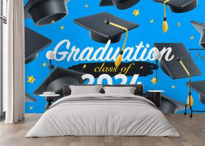 Vector illustration of graduate cap and diploma on blue color background. Caps thrown up pattern with word. 3d style design of congratulation graduates 2024 with graduation hat and diploma scroll Wall mural