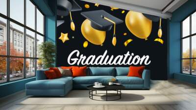 Vector illustration of graduate cap and flying golden air ballons on black background. Caps thrown up and air ballons pattern. 3d style design of congratulation graduates 2024 class with hat Wall mural