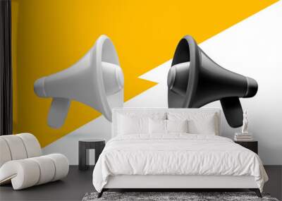 Vector illustration of shine black and white megaphone with shadow on color background. Communication loudspeaker. 3d style design of announcement bullhorn and speaker for social media Wall mural