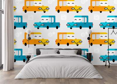 Vector kid horizontal seamless pattern with taxi car character on light background. Flat style design of yellow and blue happy car seamless pattern Wall mural