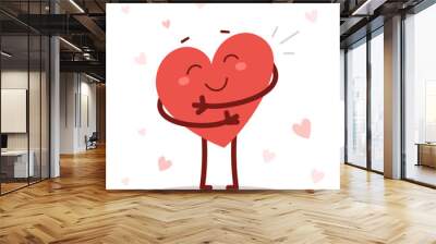 Vector red cute happy heart character hugs himself with smile on white background. Romantic flat style Valentine's Day illustration Wall mural