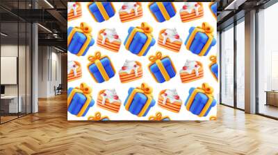 Vector seamless pattern of realistic blue color gift box with yellow ribbon and piece of cake on white background. 3d style holiday design of cartoon clay present box and cake. Festive gift surprise Wall mural