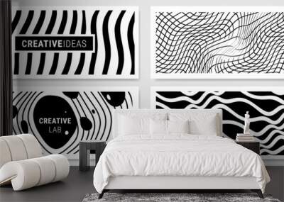 Vector set of abstract black and white horizontal different illustration of wave line and net pattern, decorative geometric background Wall mural