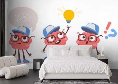 Vector set of illustration of happy brain character in different pose on white color background. Flat style design of think kid character in glasses and cap with light bulb, speech bubble, idea Wall mural