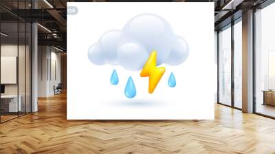 Vector weather rainy storm day illustration of shine yellow color lightning with fluffy cloud and rain drop on white background with shadow. 3d cartoon style design of thunderstorm cloud Wall mural