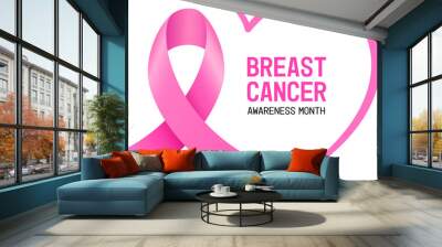 Pink ribbon symbol design with heart shape. Breast cancer awareness month campaign. Vector illustration. Wall mural