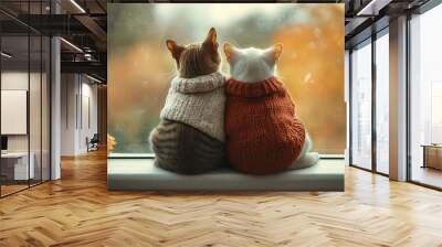 Cats, winter, two, autumn, sweater, cold, cute, by the window. Wall mural