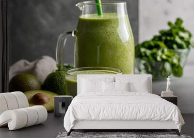 A glass of a green smoothie or vegetable juice into a clear glass, The smoothie looks fresh and creamy, set on a clean kitchen table with soft, natural lighting Wall mural