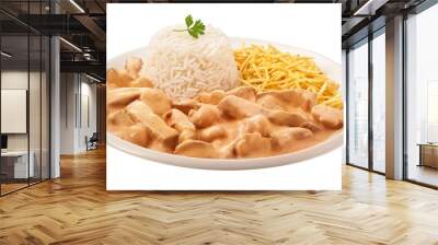 prato com delicioso strogonoff de carne bovina acompanhado de porção de arroz branco e batata palha Wall mural