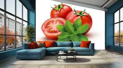 tomates vermelhos frescos com manjericão sobre superfície branca Wall mural