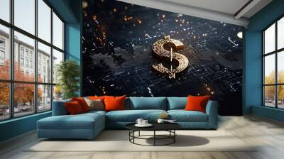 Golden Dollar Sign on Digital Background Wall mural