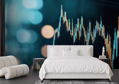 A dynamic stock market graph displays fluctuating values, with vivid colors and blurred lights in the background, representing financial trends. Wall mural