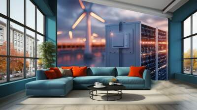 A futuristic landscape featuring wind turbines and a battery storage system, highlighting renewable energy technology during sunset. Wall mural