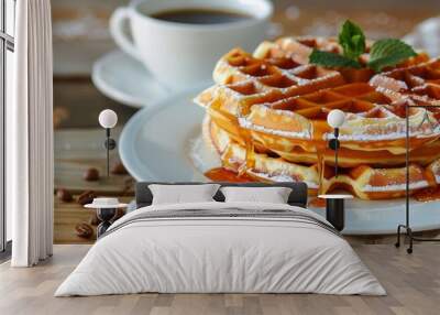 A tempting breakfast spread featuring golden waffles drizzled with caramel sauce, served with a steaming cup of coffee Wall mural