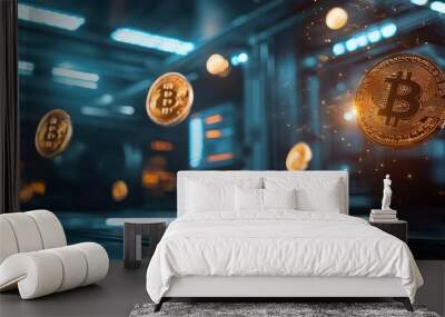 Digital currency icons floating above a sleek modern background, symbolizing the future of finance and technology. Wall mural