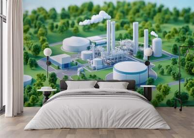 Transforming waste into energy: A sustainable plant nestled in a green landscape. Wall mural