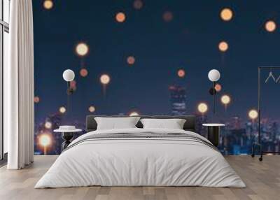 Vibrant cityscape illuminated by glowing 5G signals, showcasing the pulse of modern urban life. Wall mural