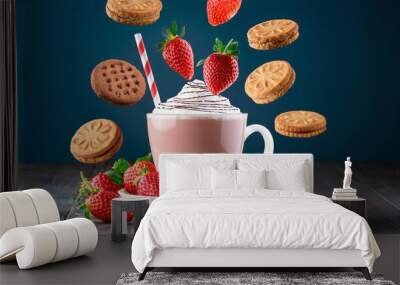 Milkshake on a Pink Cup with Biscuit and Strawberry Floating in The Air Suitable for Web, Apps, Presentation, or Printable Meaning Wall mural