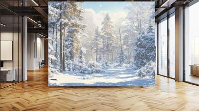 Snow-covered forest path with falling snowflakes Wall mural