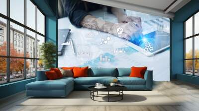 Applications icons and graphs on virtual screen. Business, internet and technology concept. Wall mural