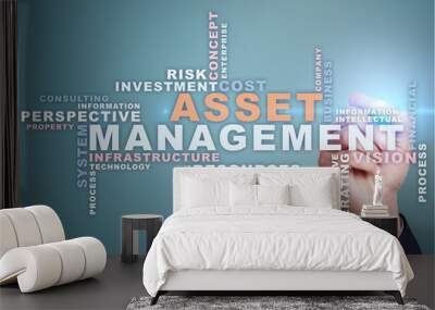 Asset management on the virtual screen. Business concept. Words cloud. Wall mural