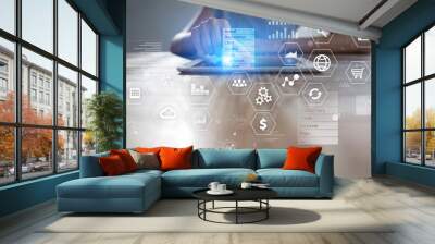 Business and technology concept. Graphs and icons on virtual screen background. Wall mural