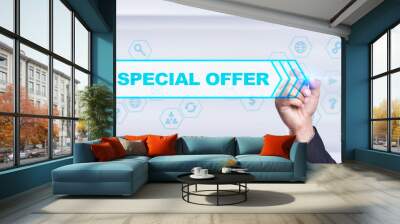 Businessman drawing on virtual screen. special offer concept. Wall mural